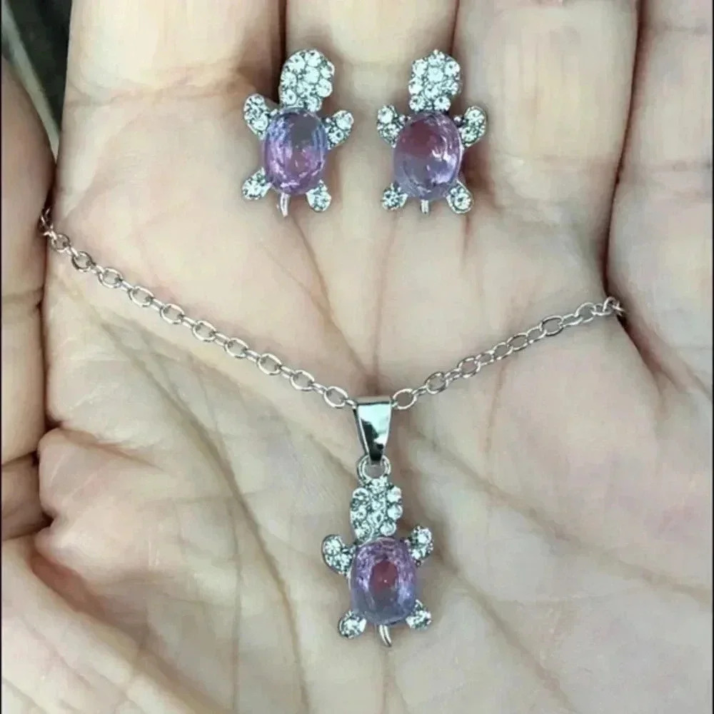 Pink & Blue Crystal Stainless Steel Turtle Tortoise Necklace Earring Set NWT